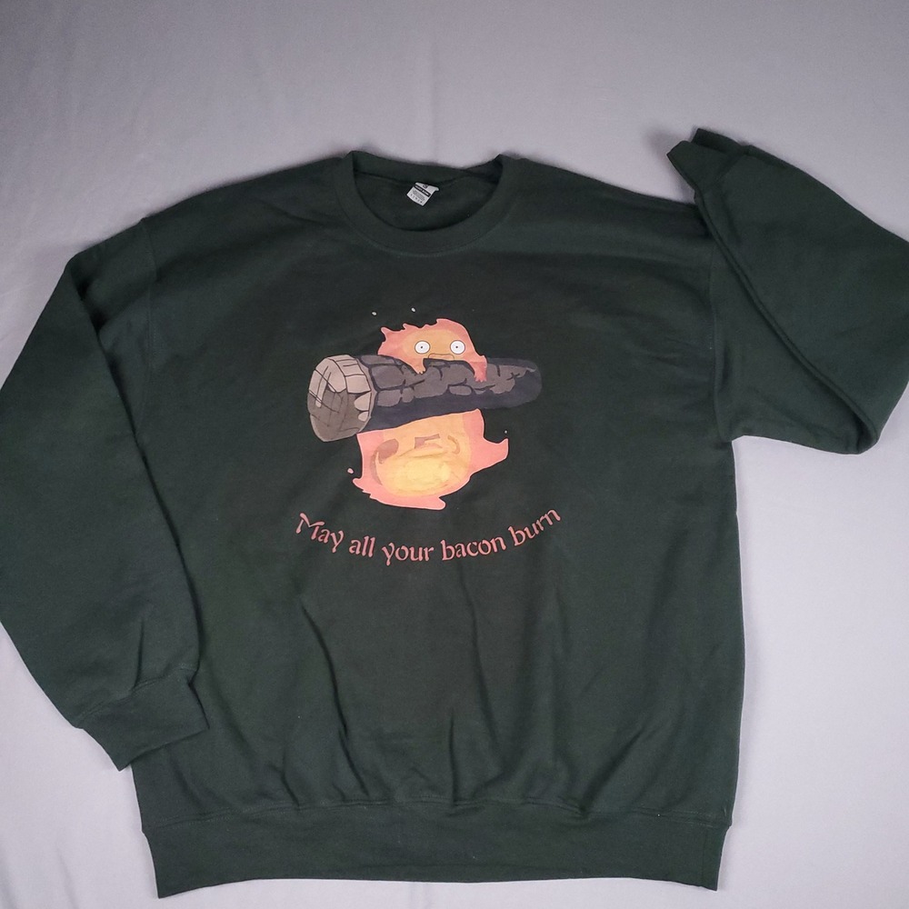 Gildan Howls Moving Castle Sweatshirt L Green Studio Ghibli Calcifer Bacon Burn